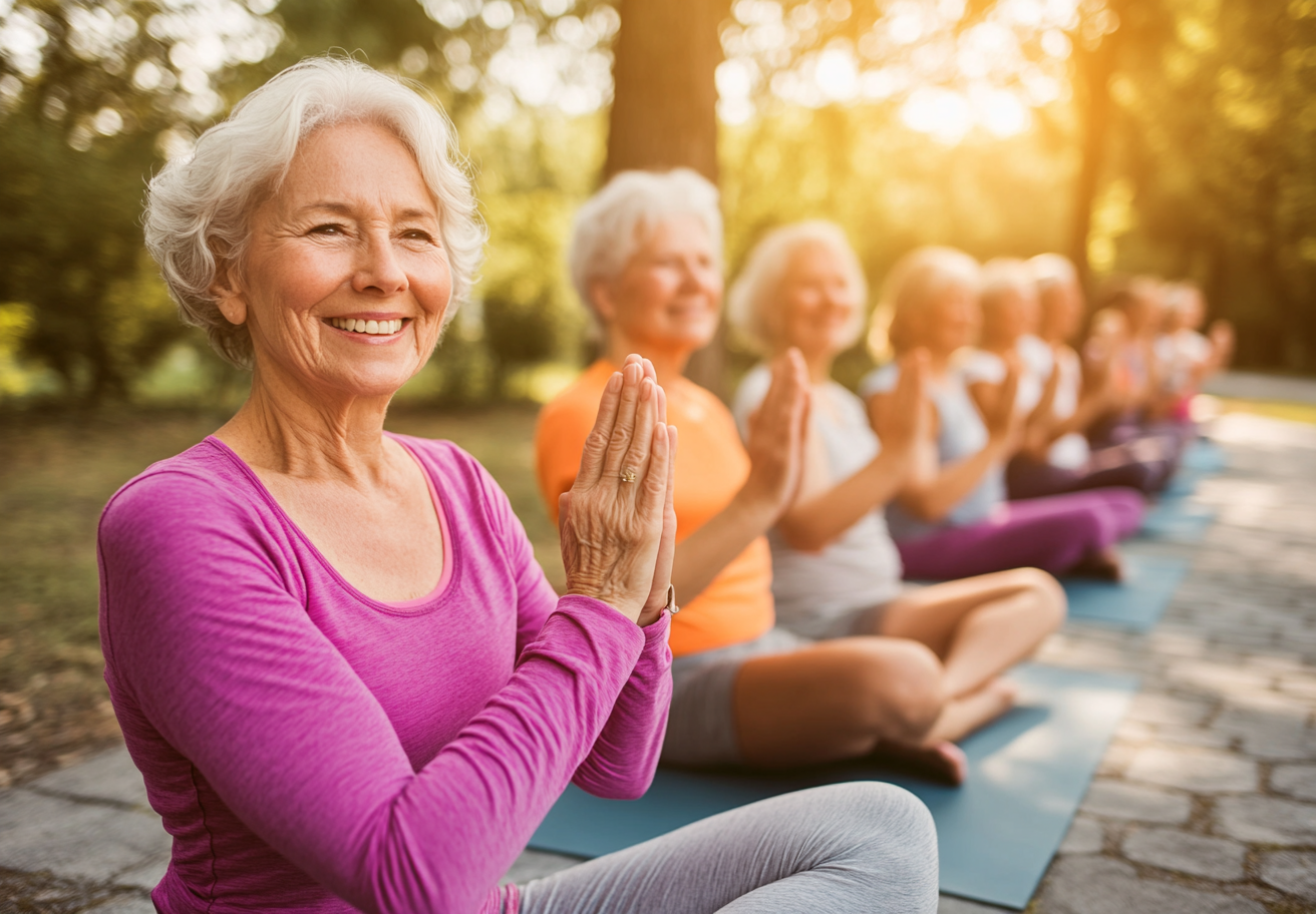 Старші люди практикують адаптивну йогу